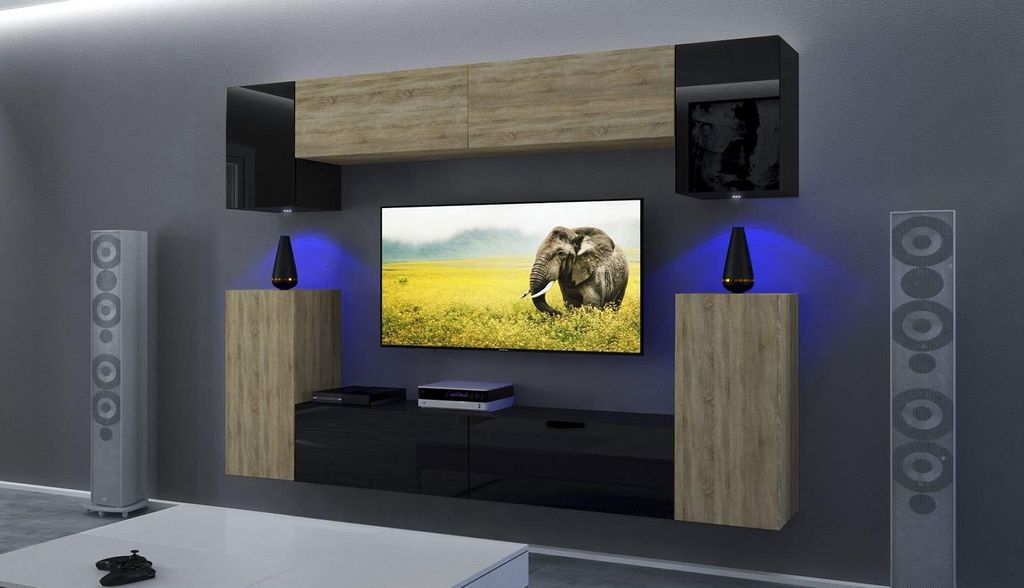 Furnitech Wohnwand Wohnzimmer - Wohnzimmer Möbel mit LED Blau - Hängend Wohnwand Modern - Regale und TV Schrank (AN43-17SB-HGM43 1B)