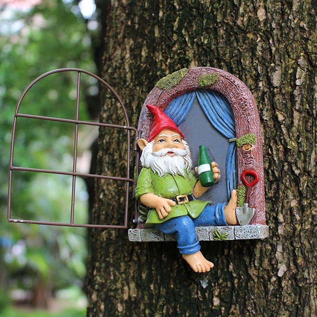 Gartenfiguren Betrunkener Zwerg, Baumskulptur Gartendekoration Außenornamente, Gartenzwergfiguren Elf vom Baumumarmenden, Lustige Harz Zwergfigure...