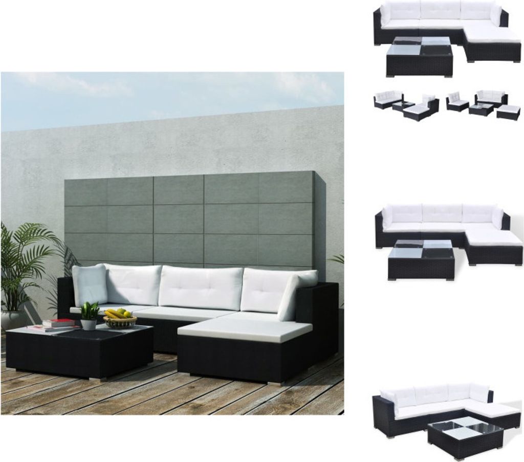 vidaXL 5-tlg. Garten-Lounge-Set mit Auflagen Poly Rattan Schwarz - Gartenmöbel-Sets