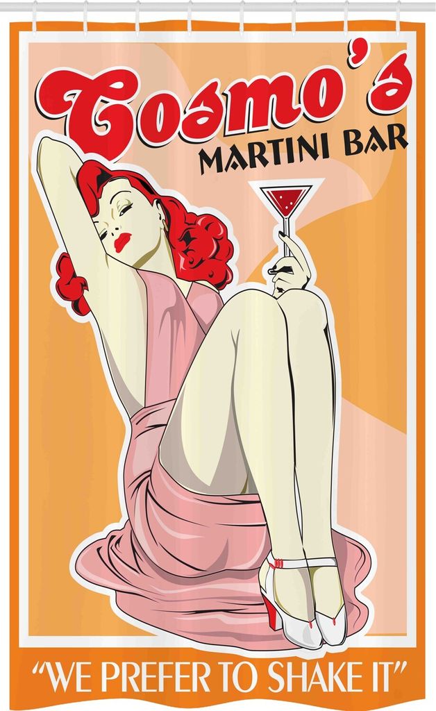 ABAKUHAUS Pin up Girl Schmaler Duschvorhang, Martini-Cocktail, Badezimmer Deko Set aus Stoff mit Haken, 120 x 180 cm, Blasse Orange Scarlet