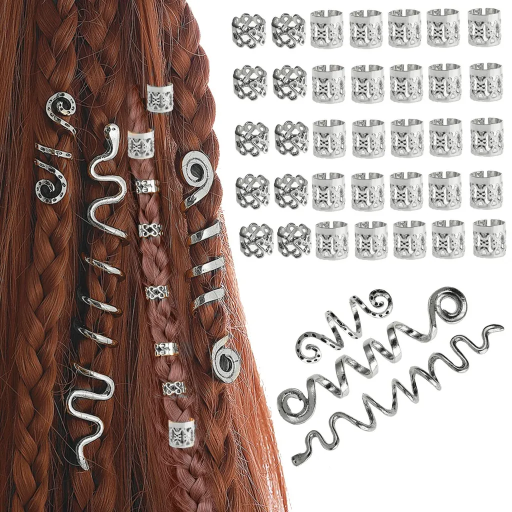 Lot de 38 Bijoux Dreadlocks Argentés pour Tresses et Coiffure Bohème