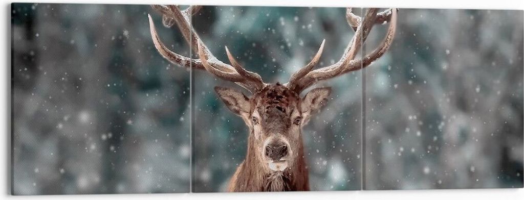 Bild auf Leinwand - Leinwandbild - 3 Teile - Hirsch Hirsch Winter - 150x50cm - Wand Bild - Wanddeko - Wandbilder - Leinwanddruck - Bilder - Wanddek...