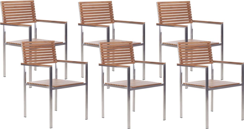 BELIANI Gartenstuhl 6er Set Hellbraun es Teakholz und Edelstahl mit Armlehnen hohe Rückenlehne Modern Terrasse Outdoor Ausstattung Möbel