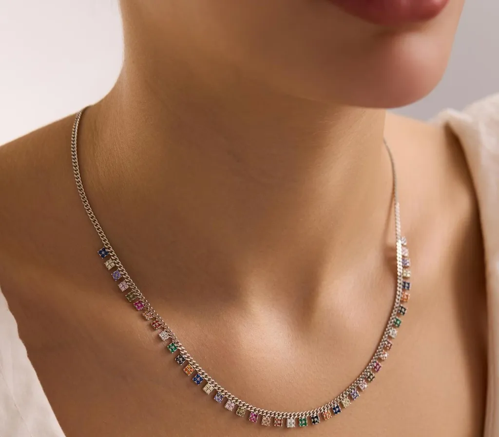 Bijou Gourmette Argent avec Pierres Colorées pour Soirée et Idée Cadeau