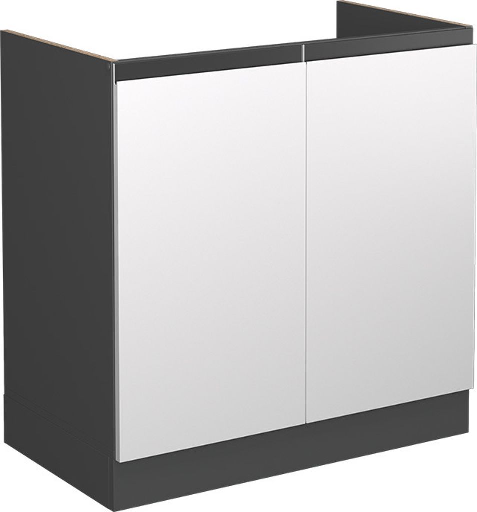A 3D rendering of a white and anthracite kitchen base cabinet with two doors.