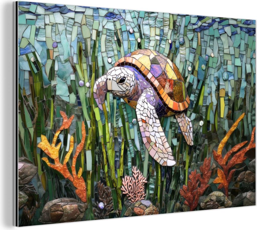 MuchoWow Wanddekoration Metall Metallbild Wandkunst 60x40 cm Schildkröte - Seegras - Mosaik MuchoWow Aluminium Gemälde - Gemälder