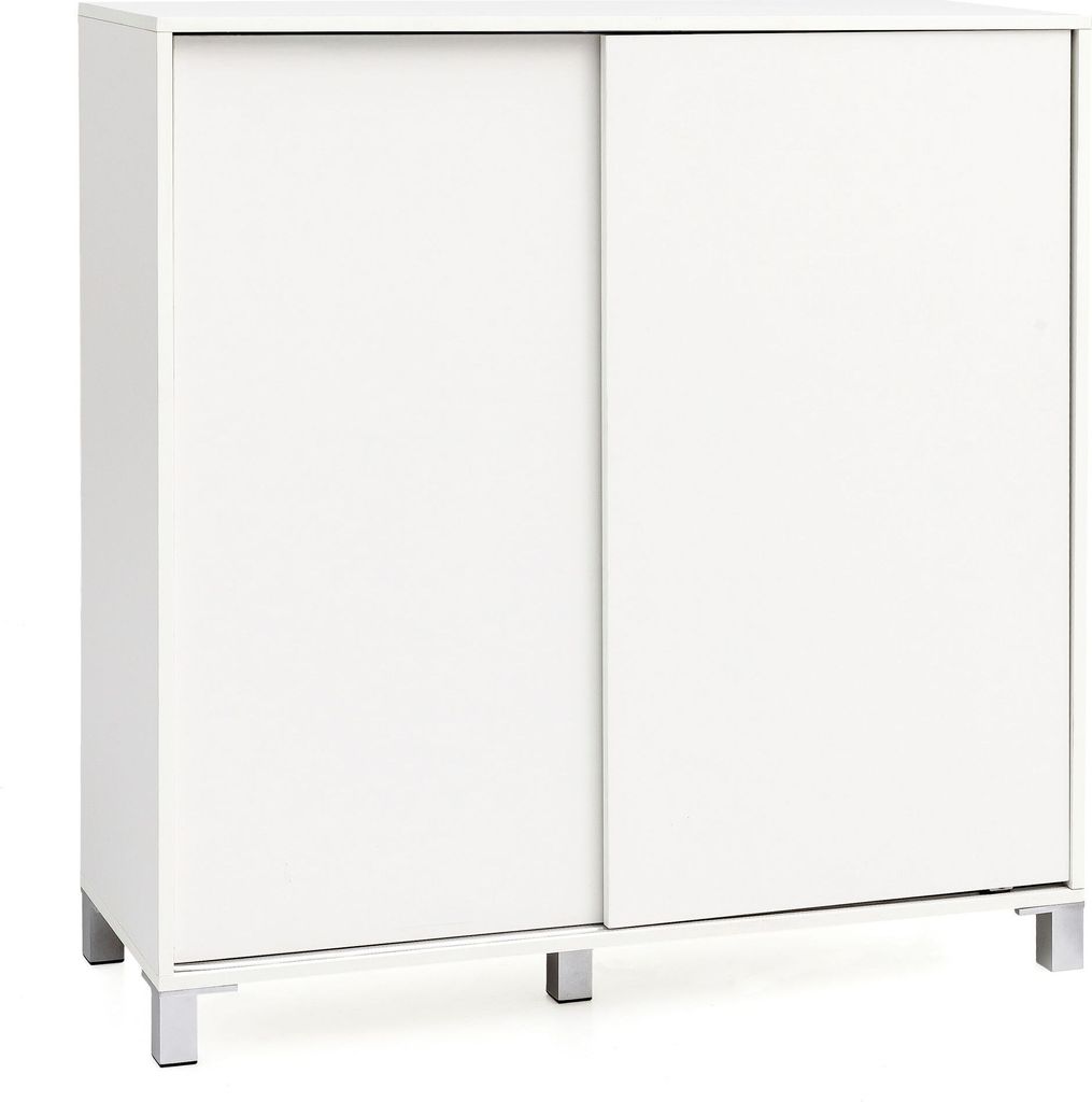 A white cabinet with sliding doors on a white background.