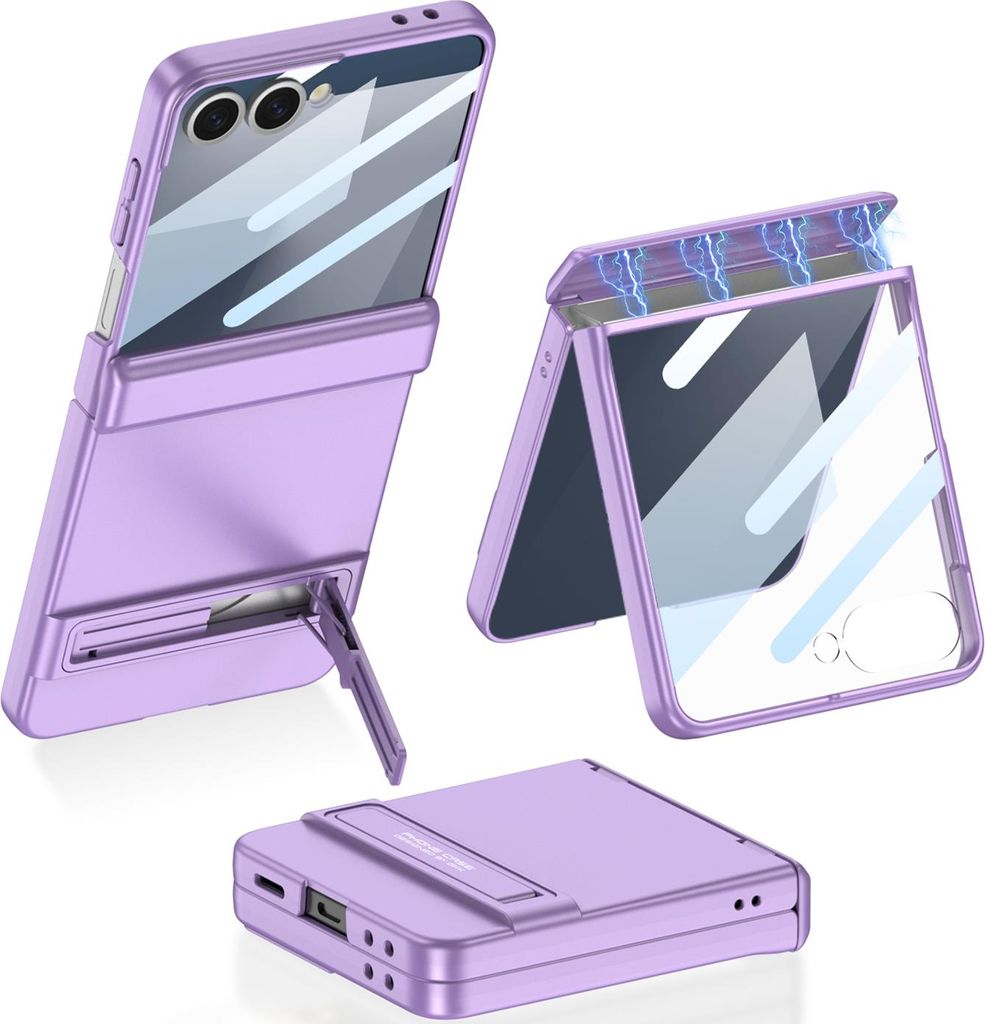 Hülle für Samsung Galaxy Z Flip 7 Magnetische Scharnierschutz Hartes Matt PC Schutzhülle mit Displayschutz und Ständer Lila
