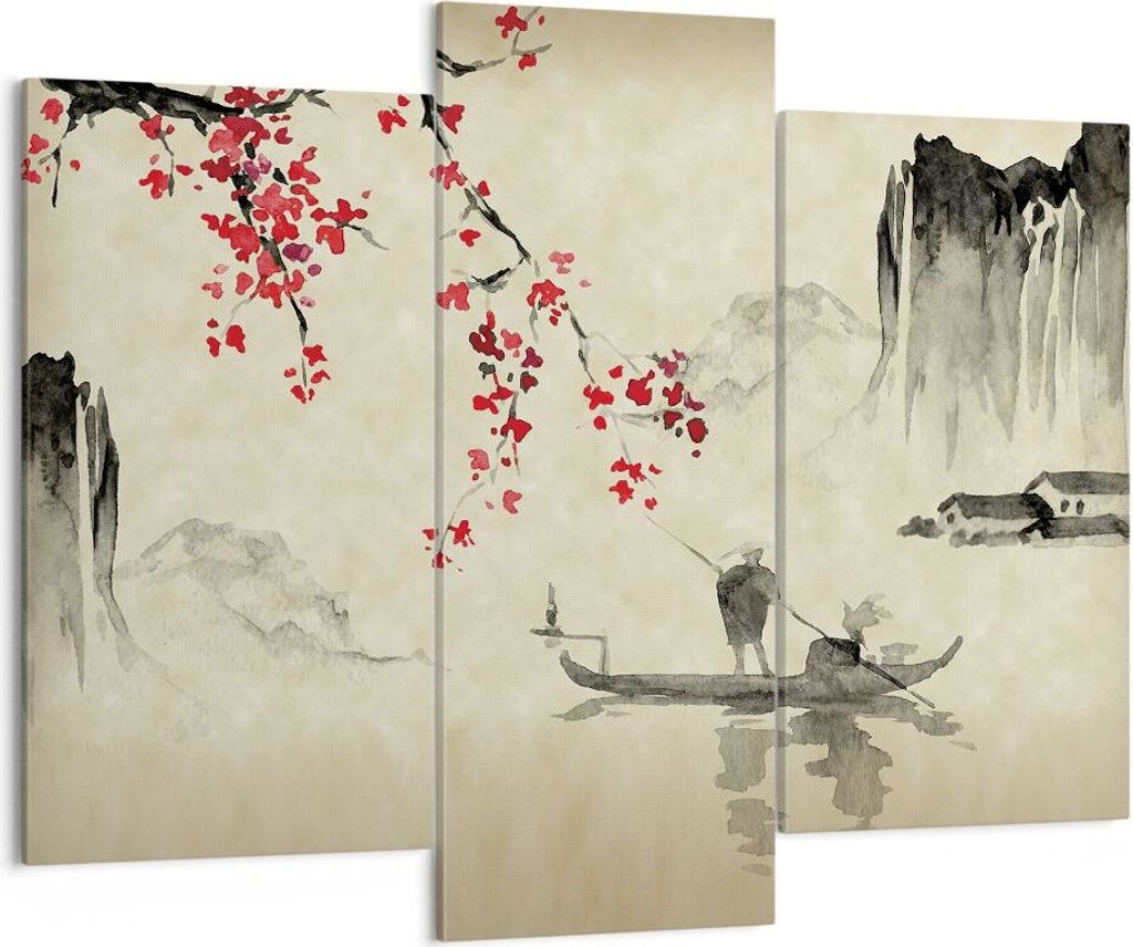 Bild auf Leinwand - Leinwandbild - 3 Teile - Blume Kirschen Japan - 130x100cm - Wand Bild - Wanddeko - Wandbilder - Leinwanddruck - Bilder - Wandde...
