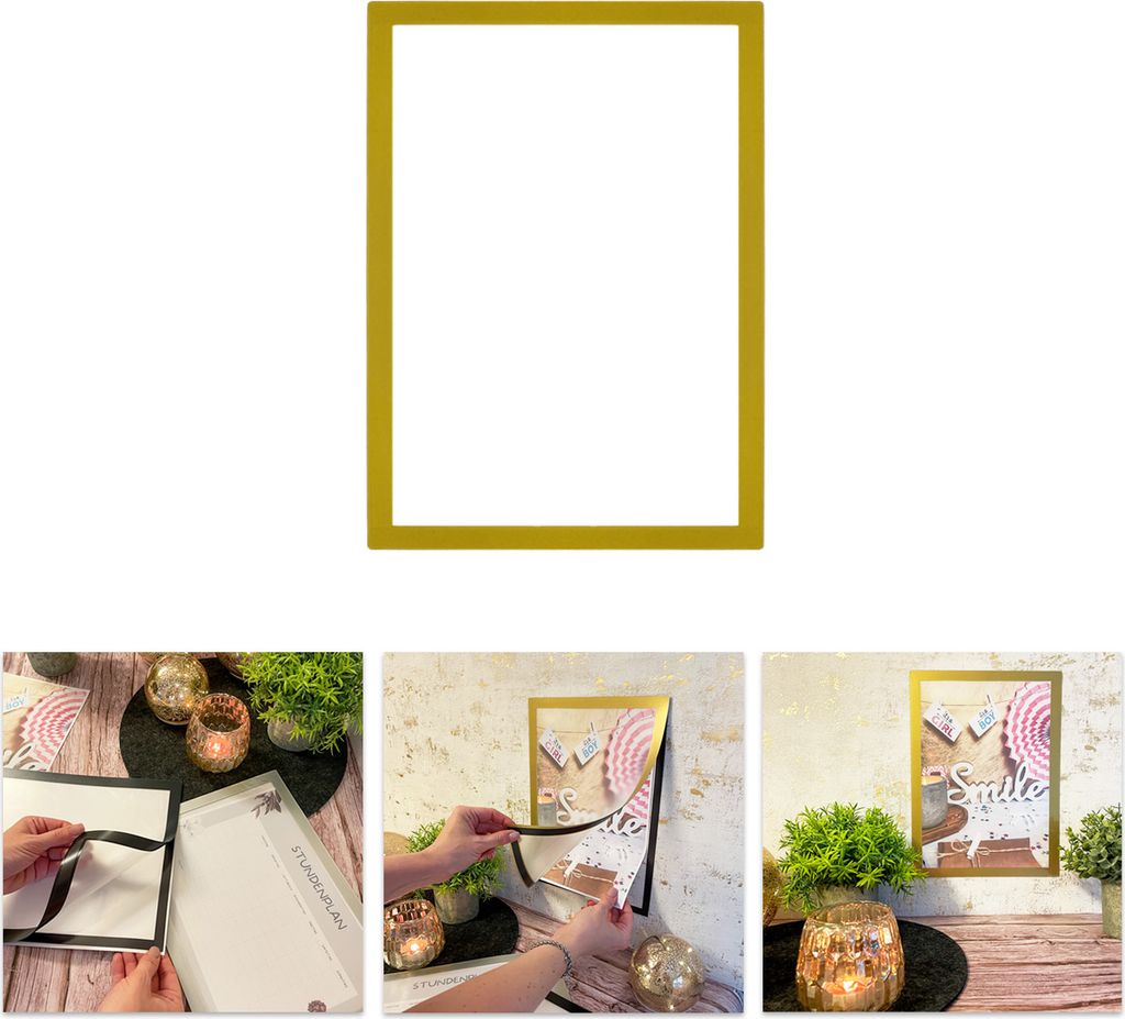 Oblique Unique Bilderrahmen A4 wechselbar mit Magnetverschluss Anbringung selbstklebend Wand Dekoration für Bilder - gold