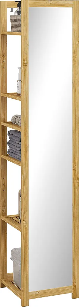 Étagère de salle de bain haute en bambou naturel avec miroir 6 étagères