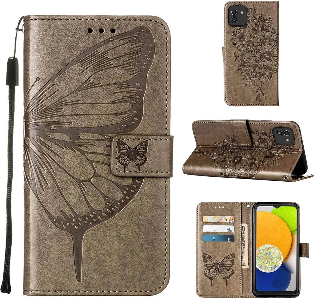 Wallet Case Samsung A03 | Custodia Grigia Pelle con Stand e Card Slot