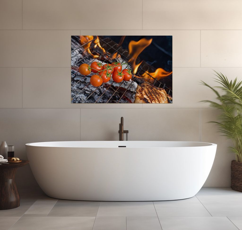 Wallario wasserfestes Poster selbstklebend 91,50 x 61 cm, Tomaten und Steak auf einem Grill, Badezimmerposter Spritzschutz mit Hochglanzoberfläche...