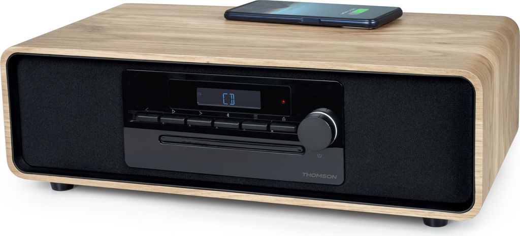 A wooden-cased micro-compact system with a CD player and a smartphone on top.