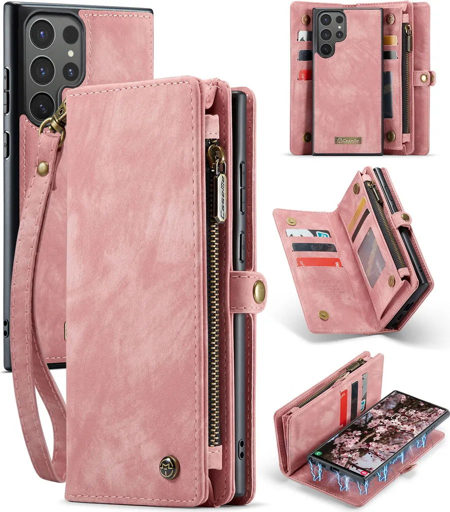 Custodia Professionale Samsung S24 Ultra Pelle Rosa Multi-Card Zip