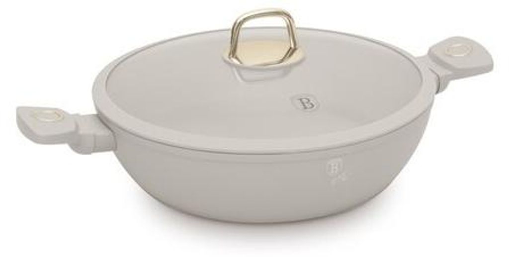 A light gray pot with a glass lid and gold accents, shown from a side angle on a white background.