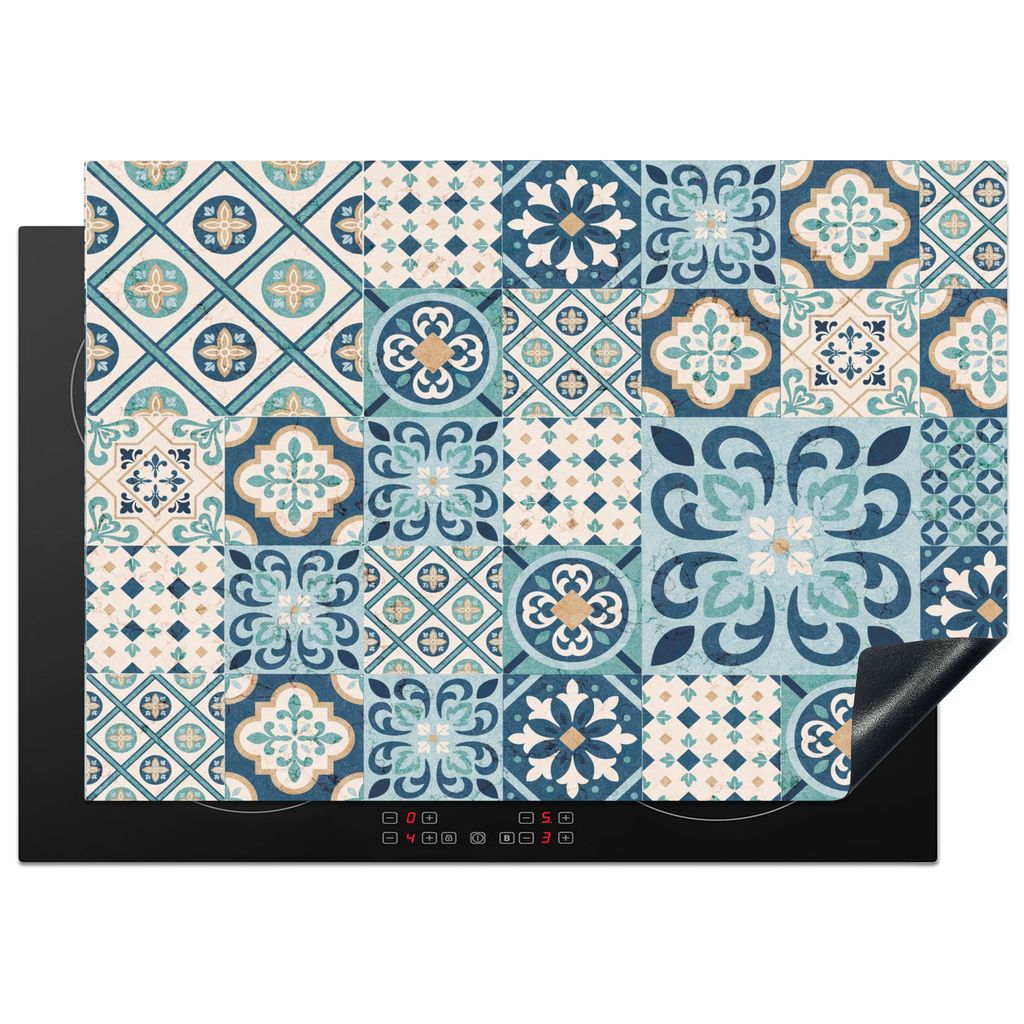 KitchenYeah Herdabdeckplatte Blumen - Blau - Design - Fliese , 75x52cm, Küche Deko, Glaskeramikkochfeld Herdabdeckung, Abdeckplatte fùr Kochfeld