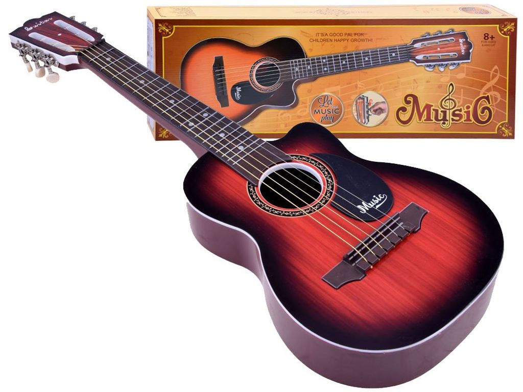 A six-string guitar and its packaging are displayed against a white background.