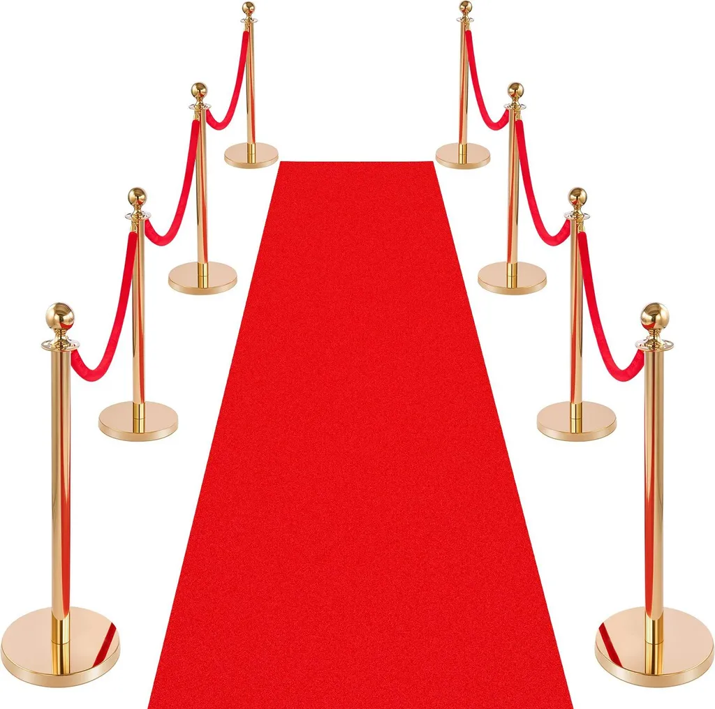 Kit 8 poteaux de guidage dorés avec cordon velours et tapis rouge 10m