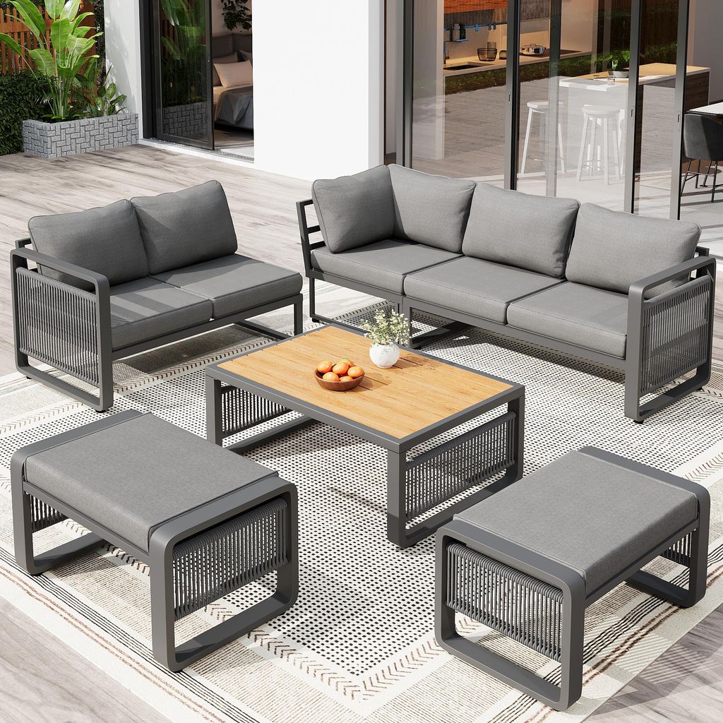 okwish Gartenlounge Set Seilflechtoptik für 6–7 Personen Minimalistisches Design mit Tisch Verstellbaren Füßen Terrasse Balkon Metall Grau