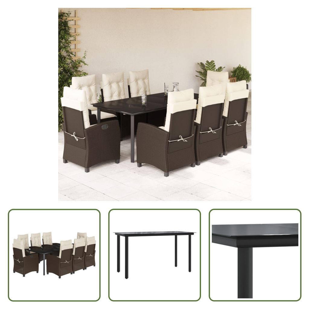 The Living Store 9-tlg. Garten-Essgruppe mit Kissen Braun Poly Rattan