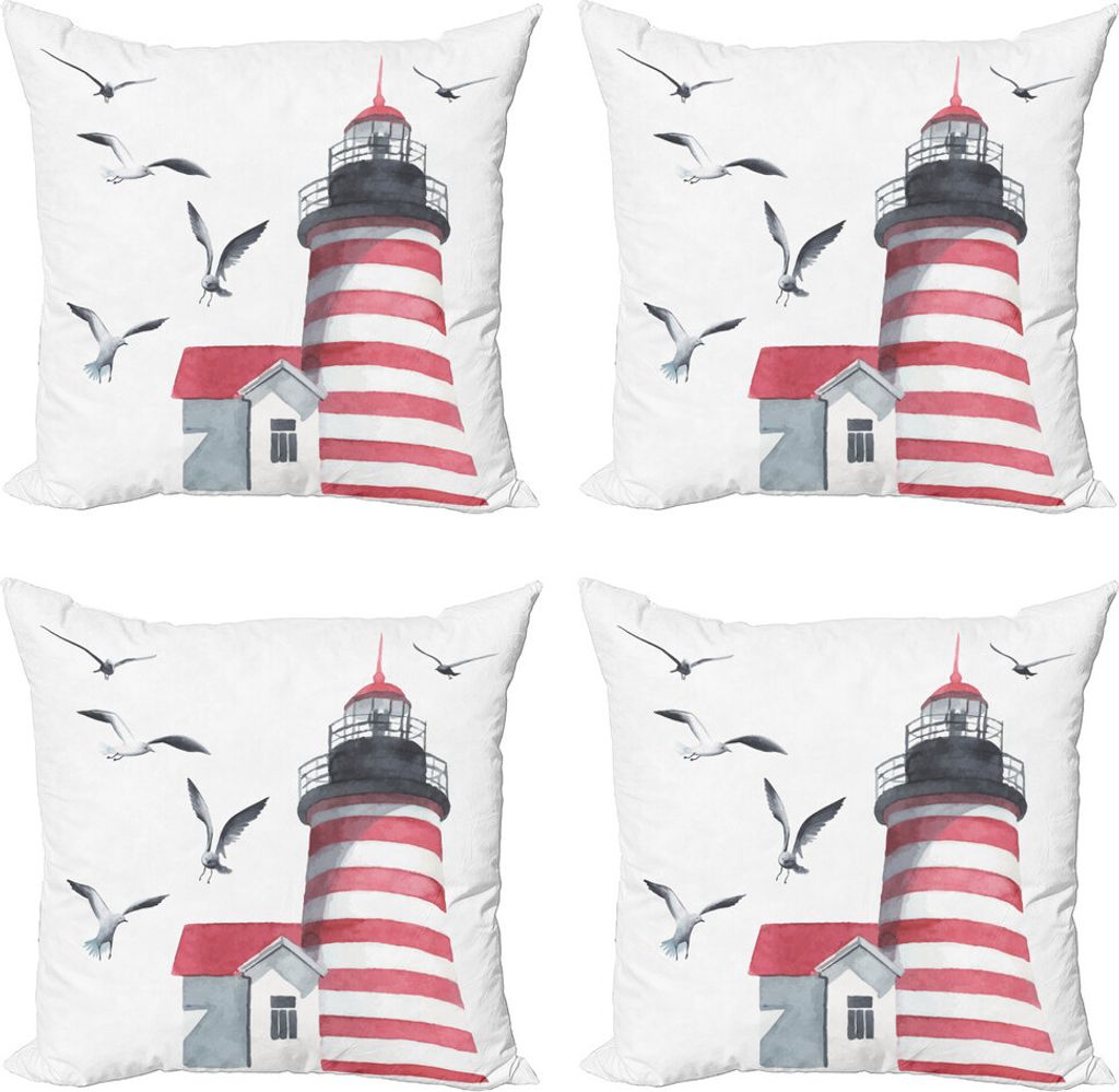 ABAKUHAUS Leuchtturm Kissenbezug Set (4 Stück), Seagulls Strand Meer, Moderner Doppelseitiger Digitaldruck, 45 cm x 45 cm, Rot, Grau, Weiß