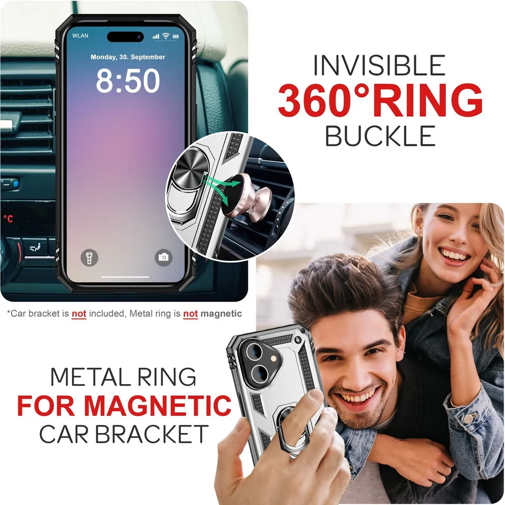 NALIA Custodia Stile Militare Per IPhone 14 Pro – Con Anello Girevole 360° E Supporto Magnetico Per Auto, Antiurto, Colore Argento
