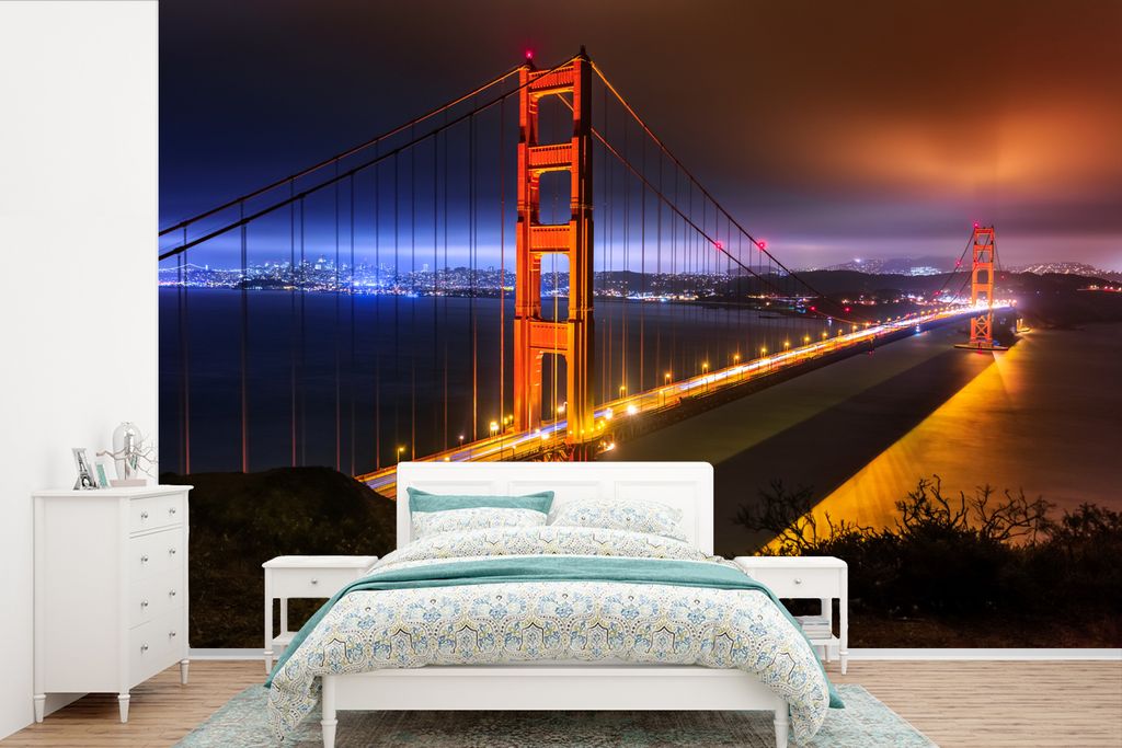 MuchoWow Fototapete für Wohnzimmer oder Schlafzimmer Wandtapete Vinyl Motivtapete Die Golden Gate Bridge bei Nacht beleuchtet - 450x300 cm - Gem...