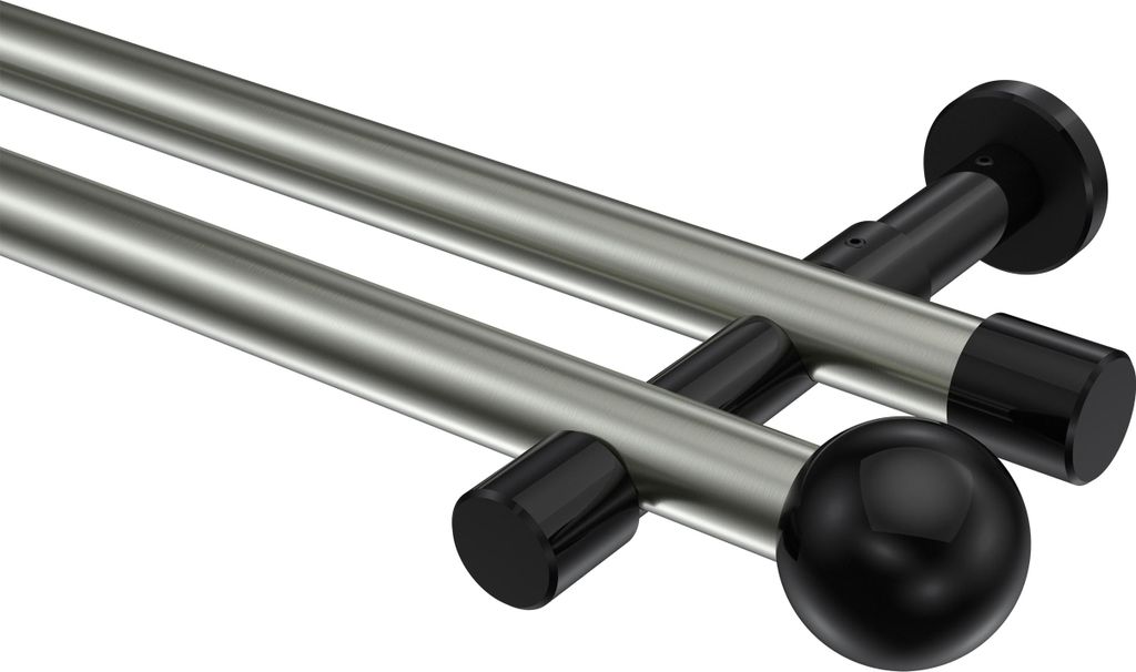 Interdeco Gardinenstange / Vorhangstange Edelstahl-Optik / Schwarz, Typ Prestige Luino (Kugel) ohne Ringe, 20 mm Ø 2-läufig, 320 cm