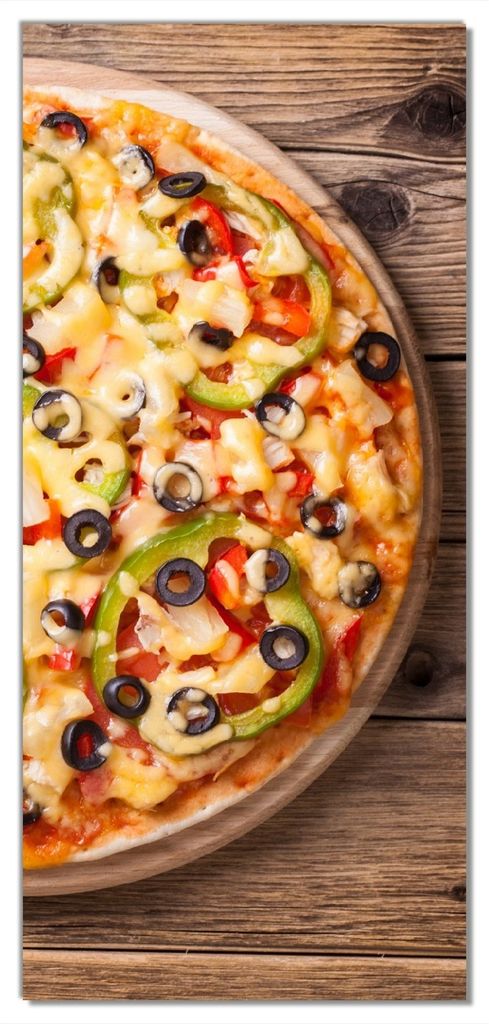 Wallario selbstklebende Türtapete 93 x 205 cm - Italienische Pizza mit Peperoni, Oliven. Paprika und Käse - Abwischbar, rückstandsfrei zu entfernen