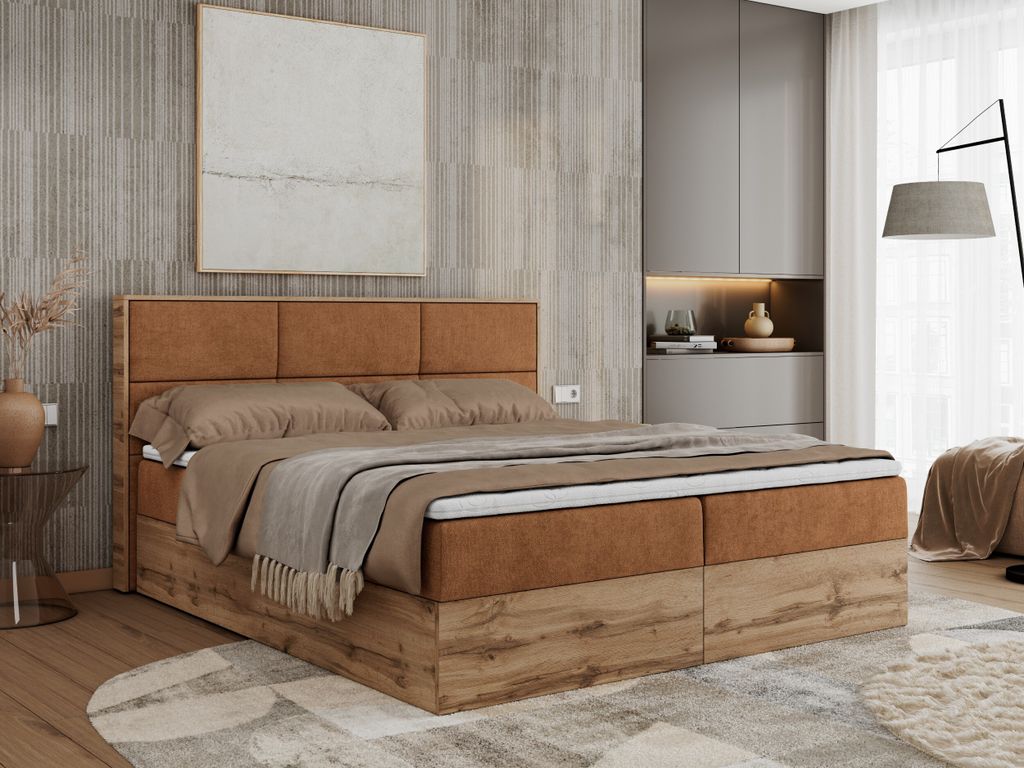 Boxspringbett, Doppelbett mit bettkasten und Multipocket-Matratze, Polsterbett mit Kopfteil, Eiche Holzrahmen - Albero-2 - 140x200cm - Orange Struk...