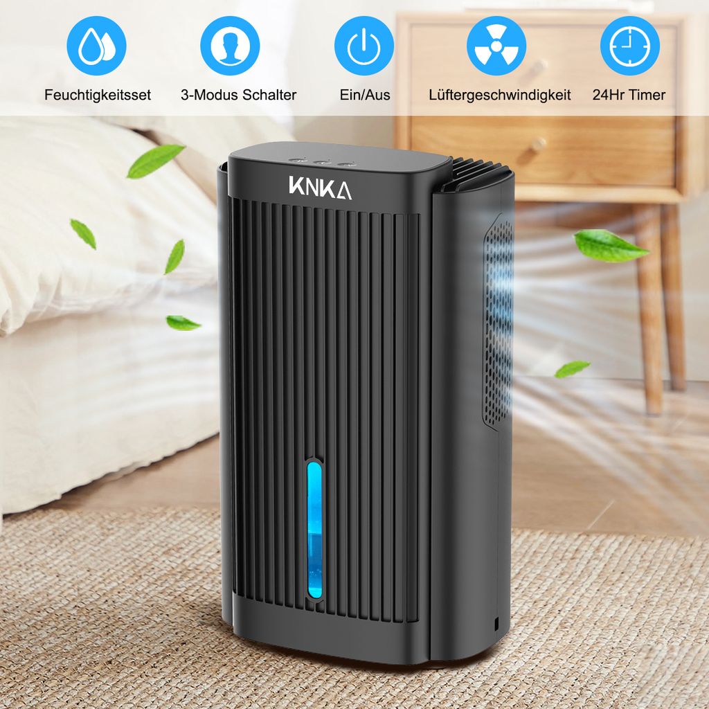 KNKA Elektrischer Luftentfeuchter klein, 2800ml Raumentfeuchter leise, Mini Entfeuchter für Schlafzimmer, Wohnung, Bad, Keller, Büro, Wohnwagen, Mit 7 Farben Nachtlicht & 24H Timer, Schwarz