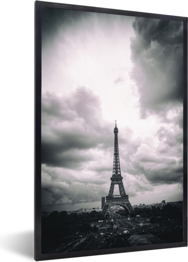 MuchoWow Gerahmtes Poster Eiffelturm unter tobenden Wolken 20x30 cm - Poster mit Schwarzem Bilderrahmen Wandposter Rahmen Foto Bilder - Drucken -...