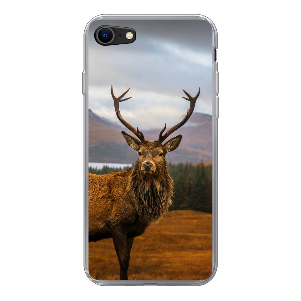MuchoWow Handyhülle Schutzhülle Hülle für iPhone SE 2022 Hirsche - Berge - Wasser - Landschaft - Tiere - Bäume Silikon Softcase Handy Hülle...