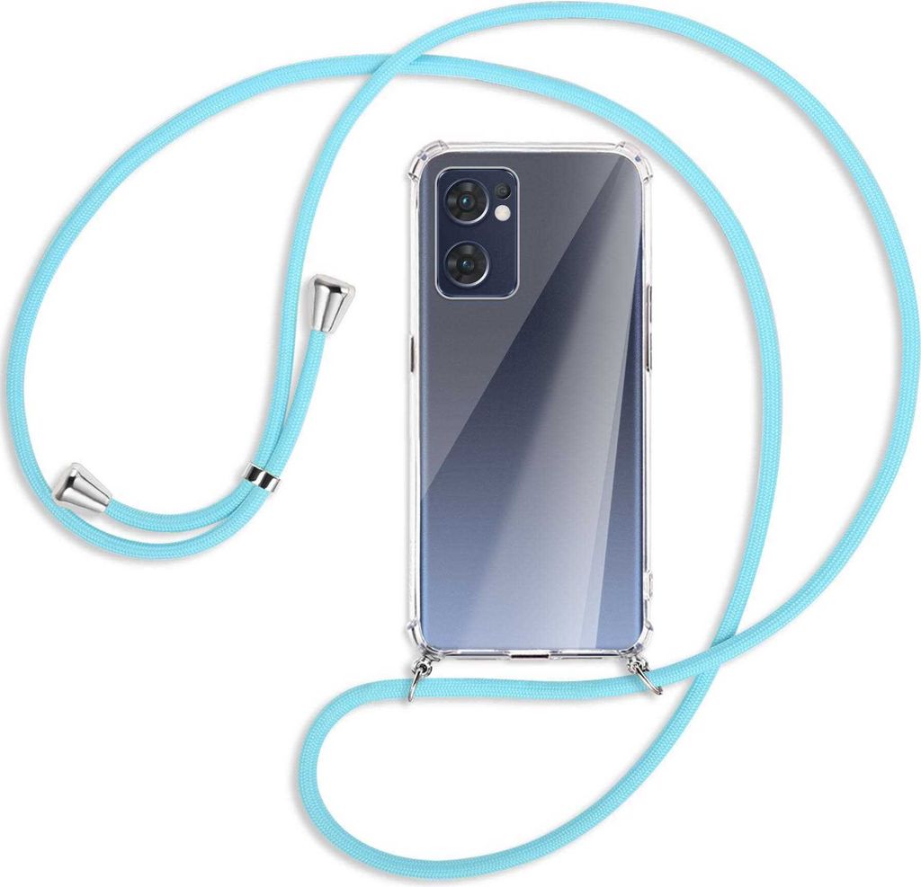 Handykette Backcover-Schutzhülle mit Band (Metall silberfarben) für Oppo Reno7 5G / Find X5 Lite - himmelblau