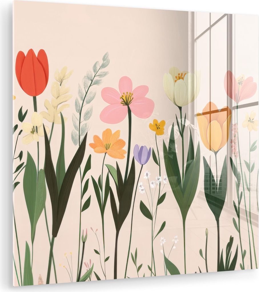 MuchoWow Glasbilder - Bilder auf Wandbild - Foto auf Glas Pastelltöne - Blumen - Illustration 30x30 cm Wanddekoration aus Glas - Acrylglasbild - A...