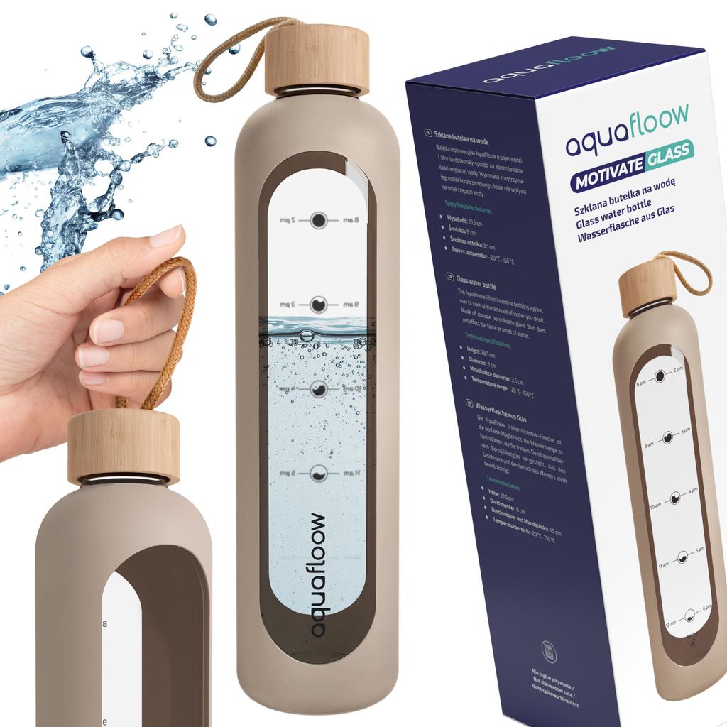 AquaFloow MotivateGlass Trinkflasche 1 L Glasflasche Beige Produktbild 