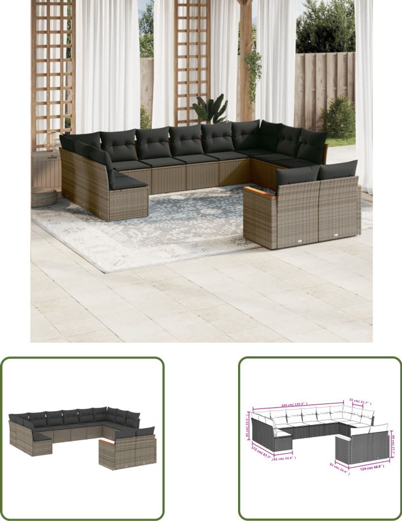 The Living Store 12-tlg. Garten-Sofagarnitur mit Kissen Grau Poly Rattan