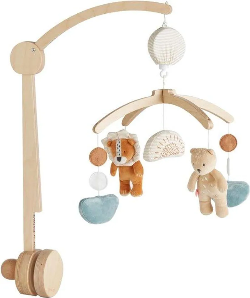 Mobile de lit bébé musical en bois naturel et finitions pastel douces