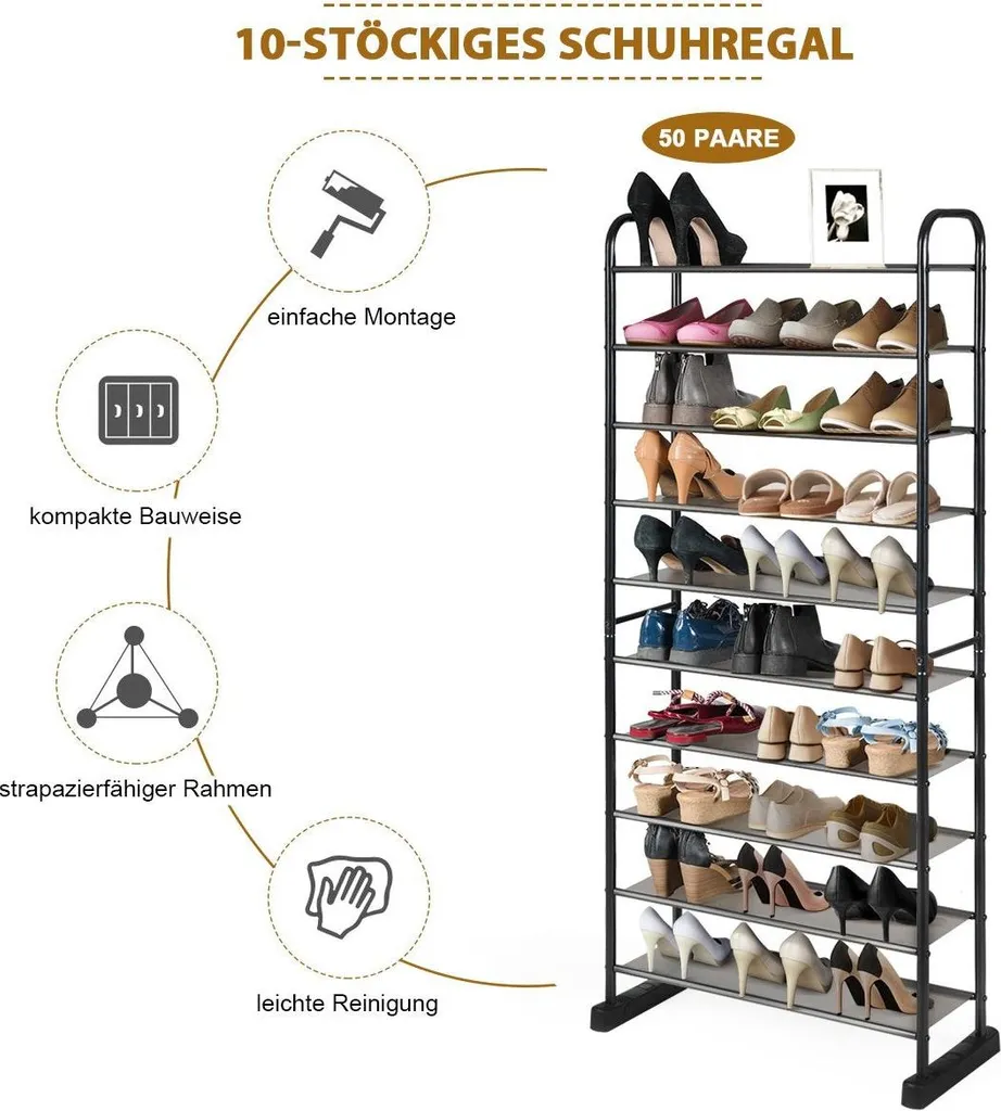 Étagère à chaussures à 10 niveaux en métal noir modulable - Modèle H32 - 5