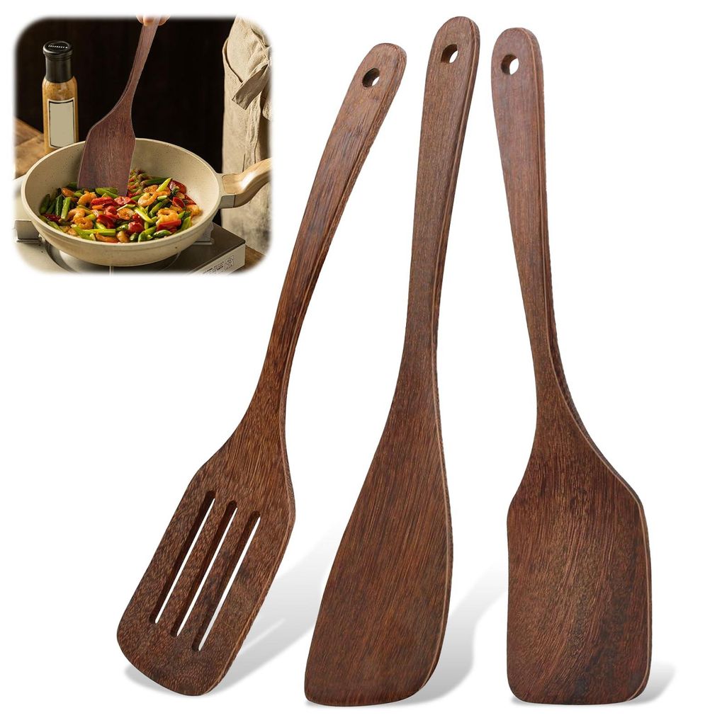 3-teiliges Holzspatel-Set, Küchenspatel, Kochspatel aus Holz mit Holzmaserung, langer Griff, Antihaftbeschichtung