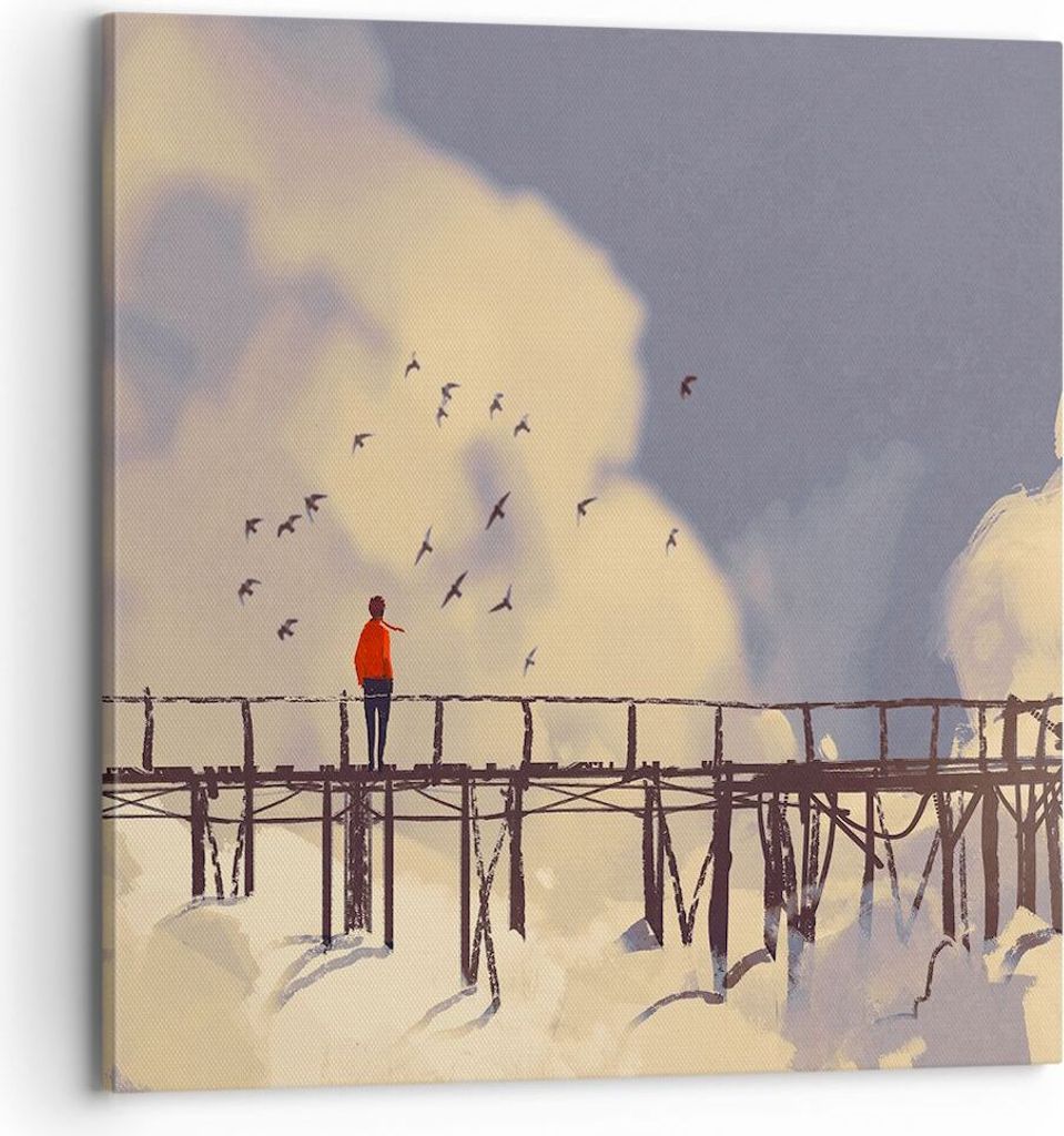 Bild auf Leinwand - Leinwandbild - Wolken Brücke Vögel Landschaft - 70x70cm - Wand Bild - Wanddeko - Leinwanddruck - Bilder - Kunstdruck - Wandde...