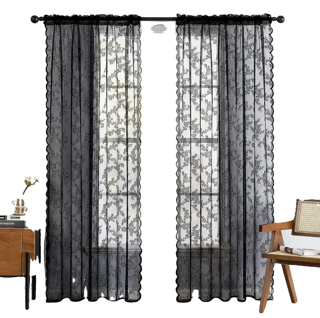 Rideau de cuisine en dentelle florale pour fenêtre 140 x 114 cm à plis fixes