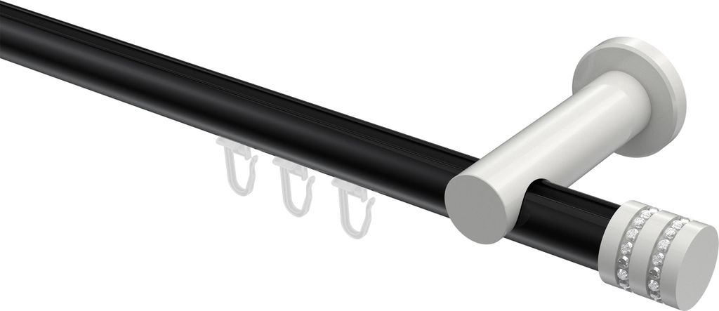 Interdeco Innenlaufstange / Gardinenstange mit Innenlauf Schwarz / Weiß, Typ Platon Estana (Glitzerkappe), 20 mm Ø 1-läufig, 540 cm