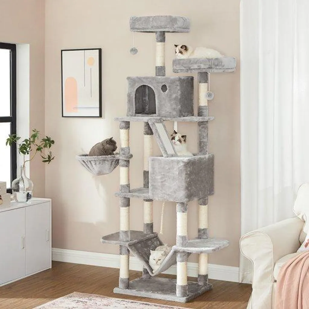 Arbre à chat stable 206 cm contre l'ennui avec 2 niches et hamac gris