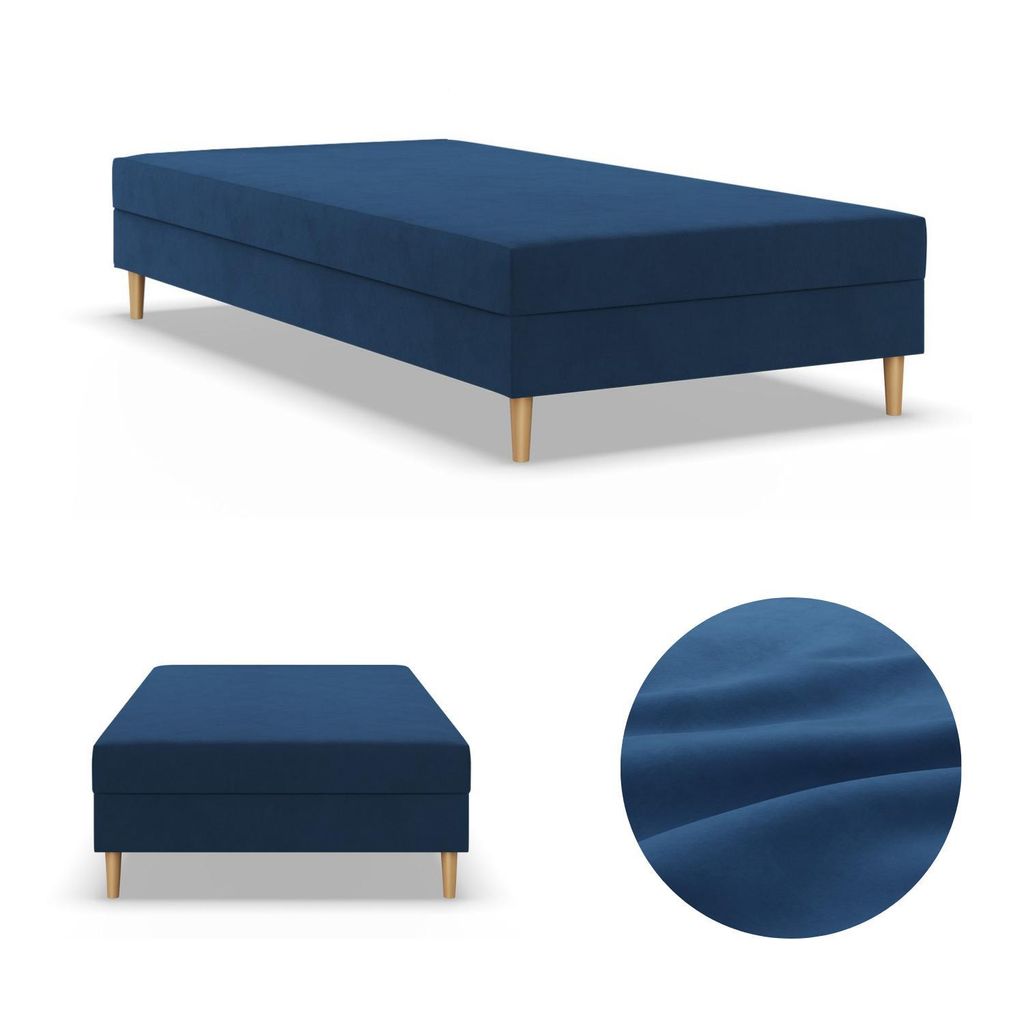 Einzelbett 90x200, Kontinentales Bett ohne Kopfteil, Bett mit Matratze, Jugendbett, Kinderbett, Veloursbett, Samtstoff, Blau Dunkelblau CASPE 90 x 200