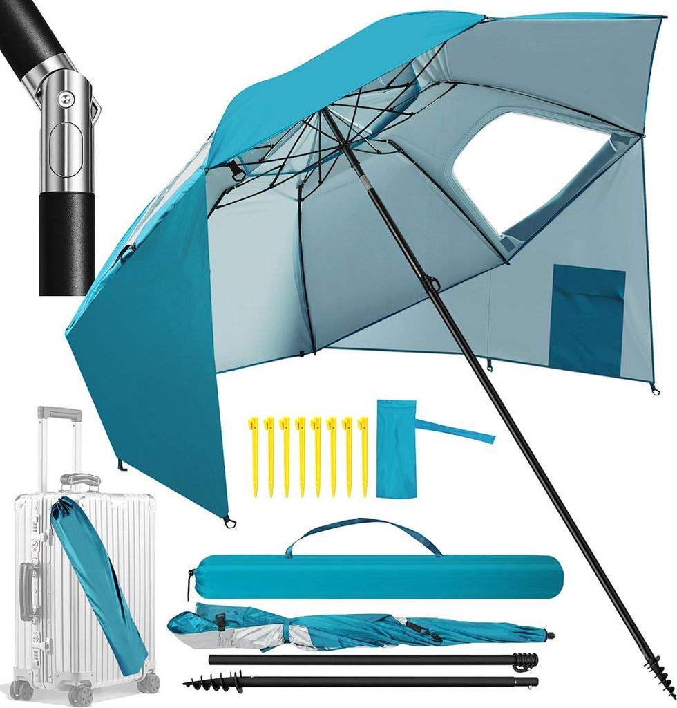 Faziango Strandschirm 210 cm Sonnenschirm mit UV Schutz 50+, neigbar mit Erdspieß und Tragetasche, wasserabweisender Gartenschirm für Strand, Gar...