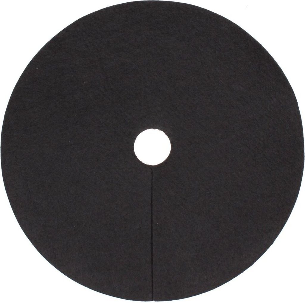 A black circular mulch mat with a hole in the center and a slit from the hole to the edge, shown from a top-down perspective.