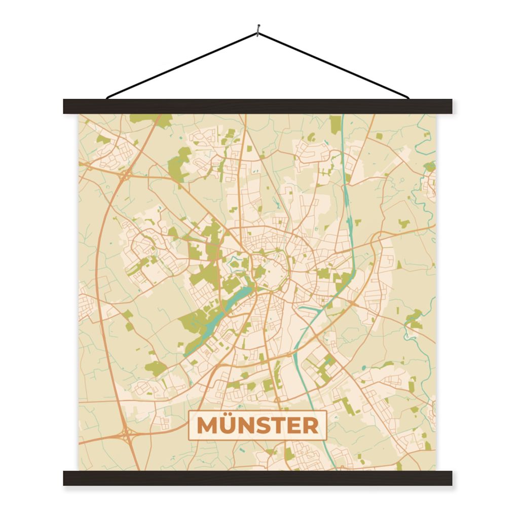 MuchoWow Textilposter Stadtplan - Münster - Vintage - Stadtplan 90x90 cm mit schwarzem Rahmen - Magnetisches