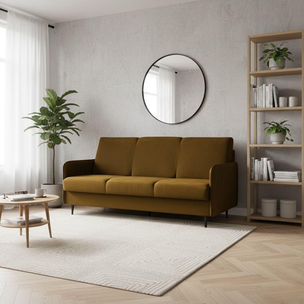 Sofa mit Schlaffunktion - 202x96x89 cm - Gold - Schlafsofa - Mit Bettkasten - Tierfreundliches Material - Klappsofa - Skandinavischer Stil